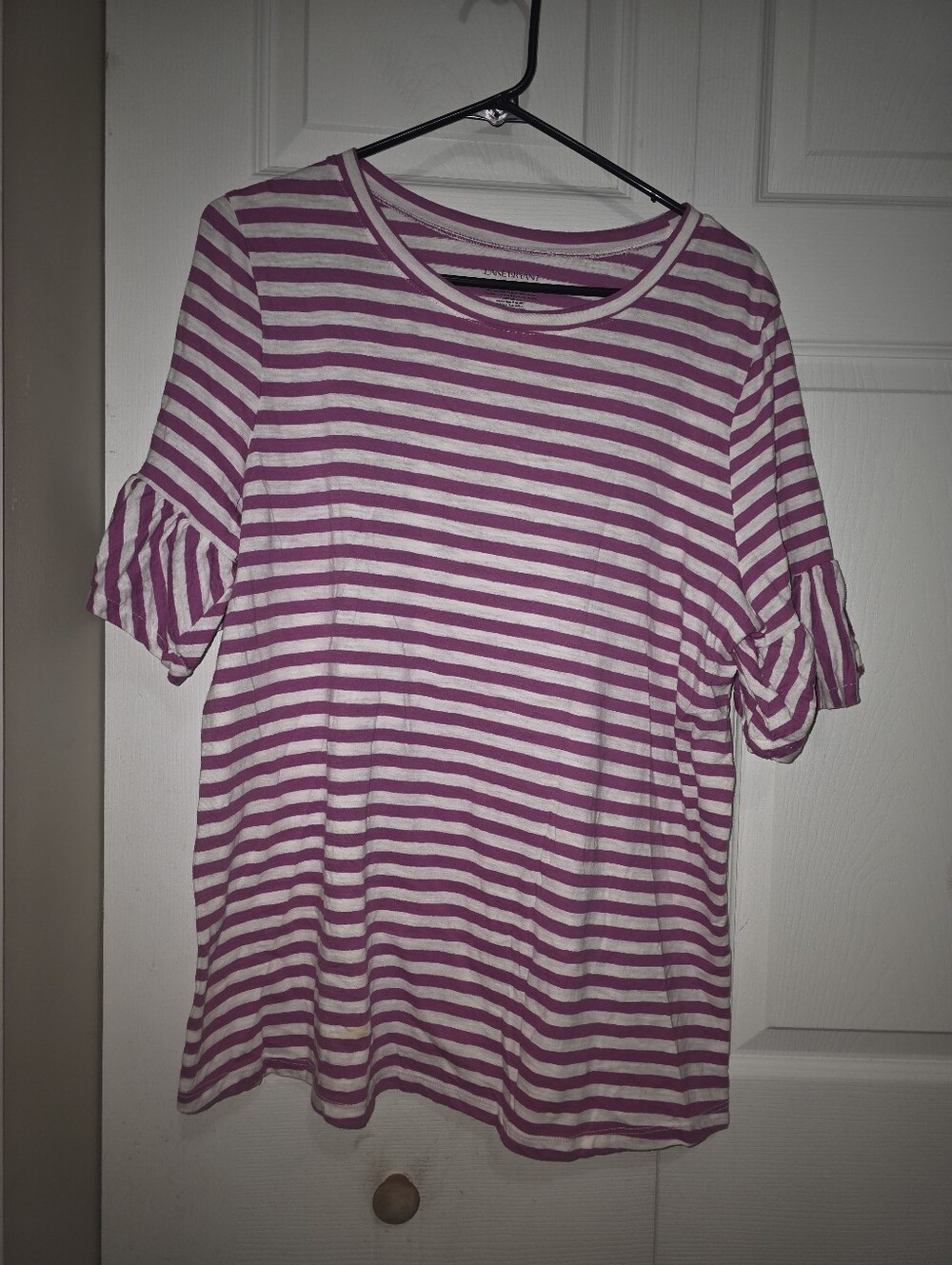 Lane Bryant Pink and White Striped Ruffle Sleeve Tee